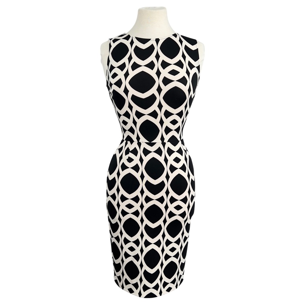 RED‎ Saks Fifth Ave Sleeveless Sheath Dress Black White Geometric Mod Fitted S